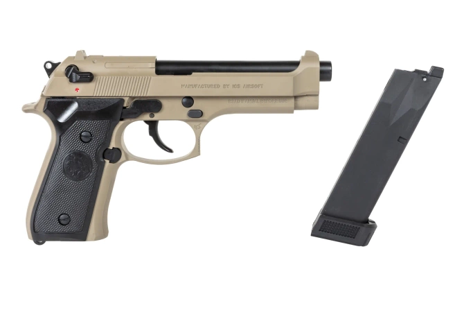 Pistolet ASG ICS BLE-BM9 Dual Power Half-Tan (z magazynkiem na CO2)