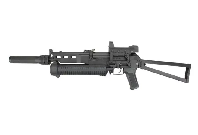 PP-19 Bizon-2 sub-machinegun replica with sound suppressor and red-dot sight