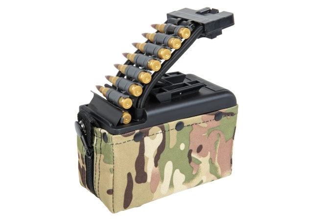 A&K electric box magazine for 2,000 rounds for M249 type replicas with imitation Multicam ammunition