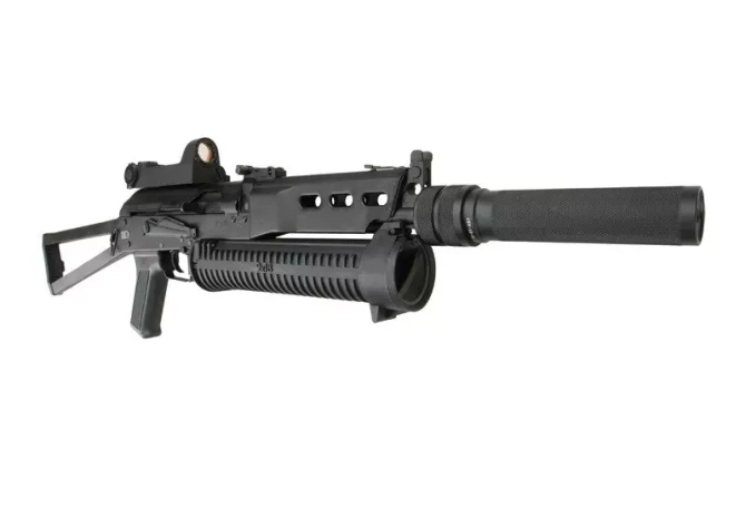 PP-19 Bizon-2 sub-machinegun replica with sound suppressor and red-dot sight