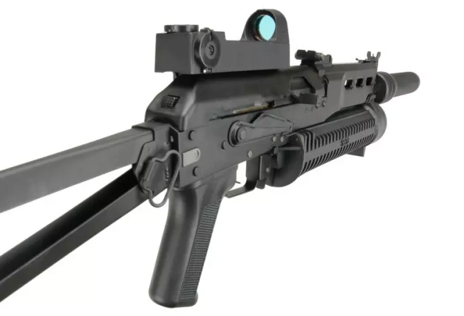 PP-19 Bizon-2 sub-machinegun replica with sound suppressor and red-dot sight