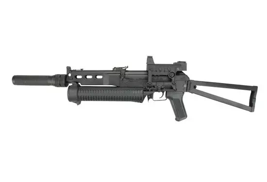 PP-19 Bizon-2 sub-machinegun replica with sound suppressor and red-dot sight
